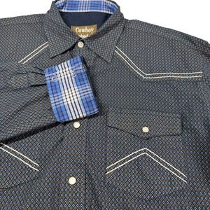 Cowboy Legend Western Pearl Snap Shirt Men's L Geometric Rodeo Long Sleeve VTG